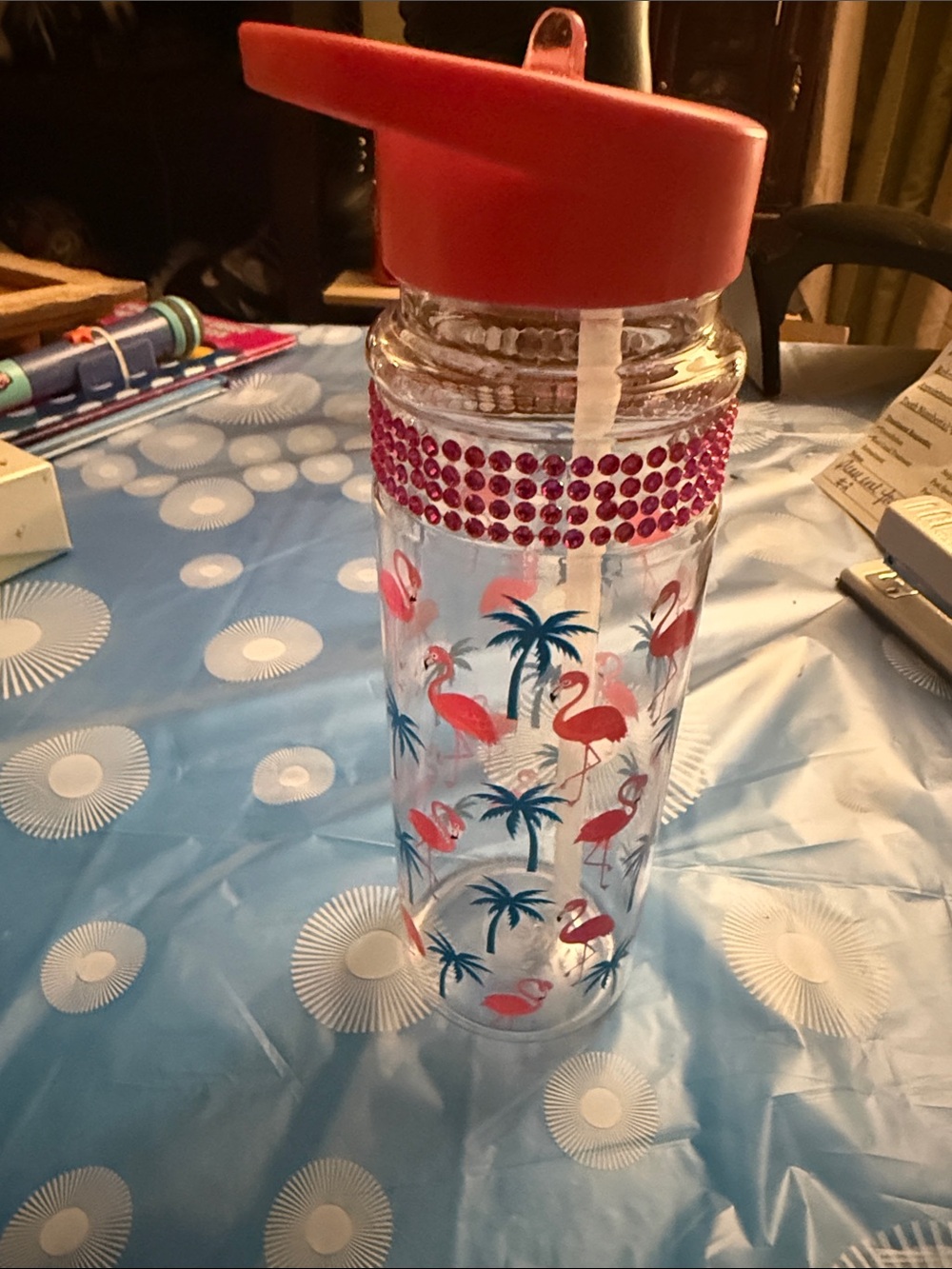 Pink Flamingo Clear Water Bottle with Straw - Unbranded